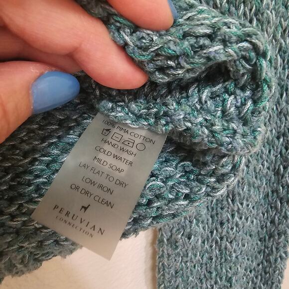 Peruvian Connection SzSm Green n White freckles mixed Cotton Sweater pullon top - Picture 9 of 13